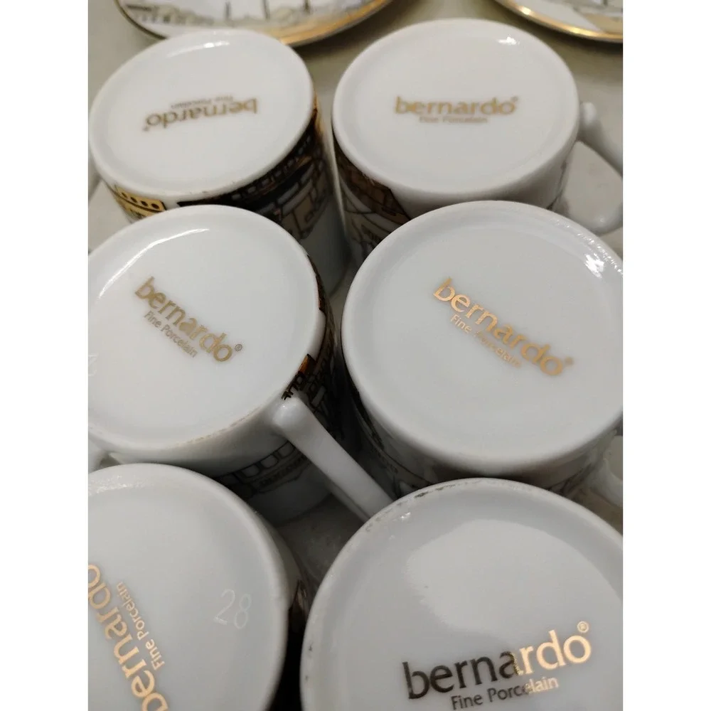 Bernardo Fine Porcelain Turkish Coffee 6 Cups 6 Saucers Skyline Birds Gold Tea
